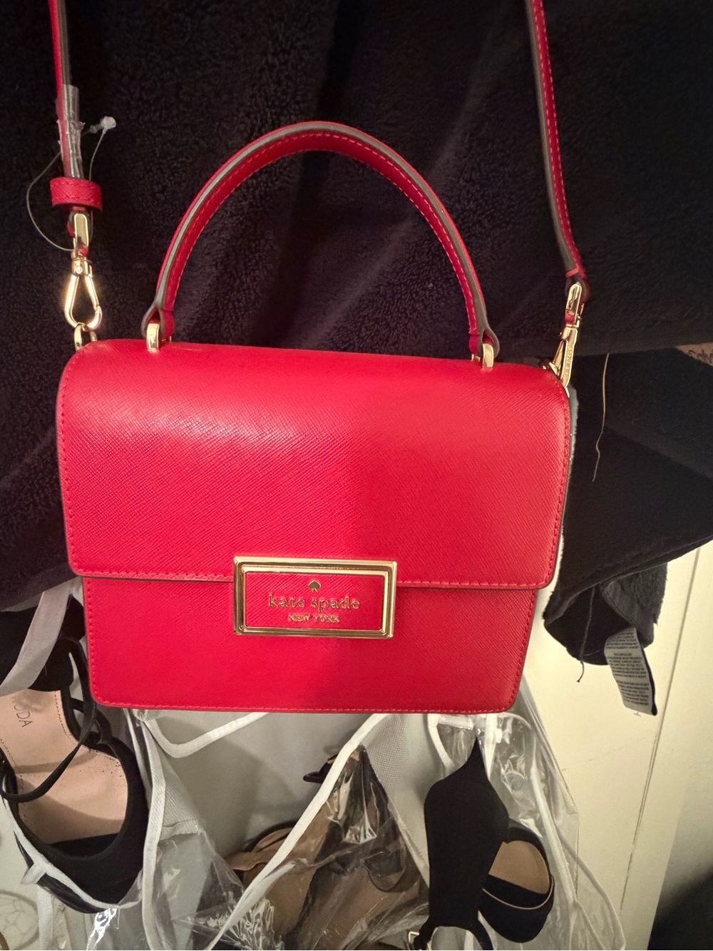 kate spade Red Saffiano Top-Handle Crossbody with Gold Plaque
